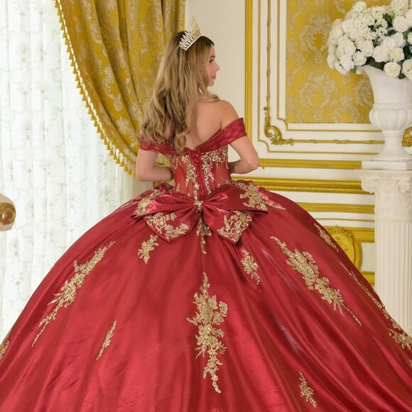 New Burgundy Off Shoulder Quinceanera Satin Dress w/ Pleated Straps GL3791 - Picture 10 of 15